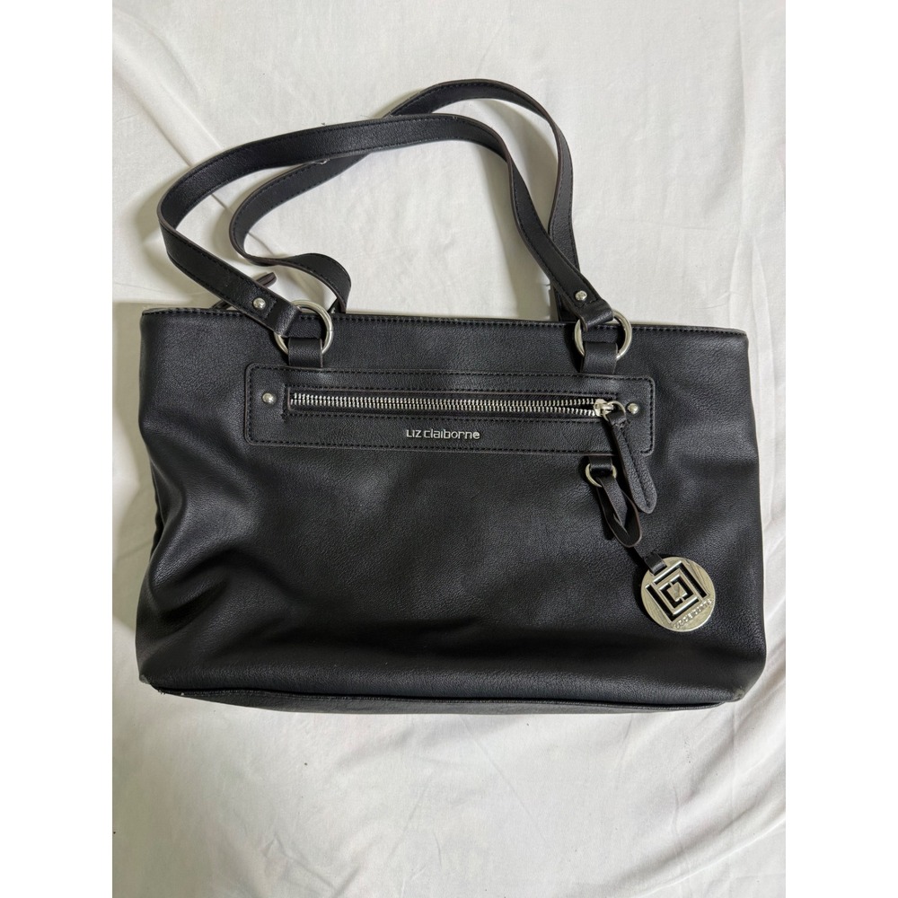 Liz Claiborne Black Pebbled Faux Leather Shoulder Bag Tote Silver Hardware